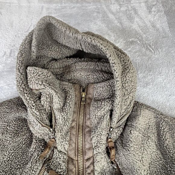 KUHL Flight Jacket Womens Large Brown Sherpa Fleece Hooded Full Zip Thumbholes - Picture 2 of 13